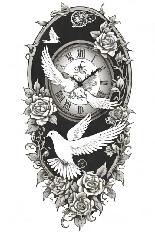 clock surrounded by doves and flowers tattoo design idea