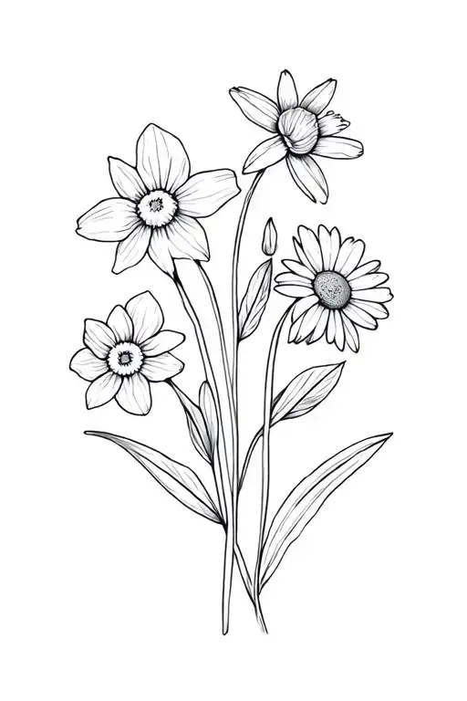 Simple arrangement of birth flowers: larkspur, daffodil, and daisy. Fine lines, delicate arrangement tattoo design idea