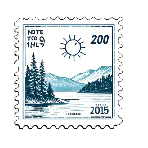 square postal stamp with a norwegian fjord landscape with pine trees, use not too many lines tattoo design idea
