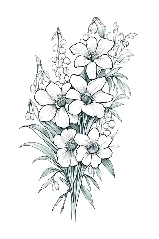  fine line floral tattoo on arm, including Lily of the valley, poppy, sweet pea, narcissus and snowdrop flowers tattoo design idea