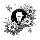 lightbulbs stairway to Heaven, clouds flowers stars tattoo design idea