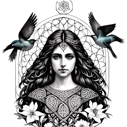Celtic Goddess, Rhiannon. Flying songbirds at the bottom, and surrounded by gates and daffodils tattoo design idea