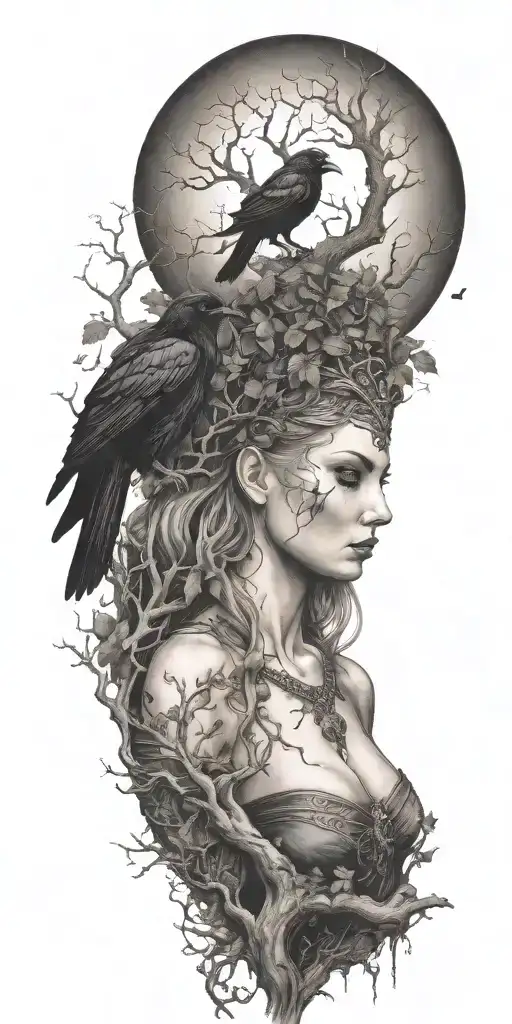 the morrigan Irish goddess with a horror side with crows an old oak tree growing   tattoo design idea