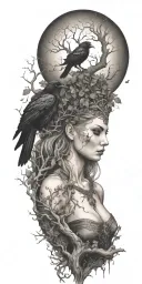 the morrigan Irish goddess with a horror side with crows an old oak tree growing   tattoo design idea