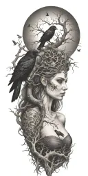 the morrigan Irish goddess with a horror side with crows an old oak tree growing   tattoo design idea