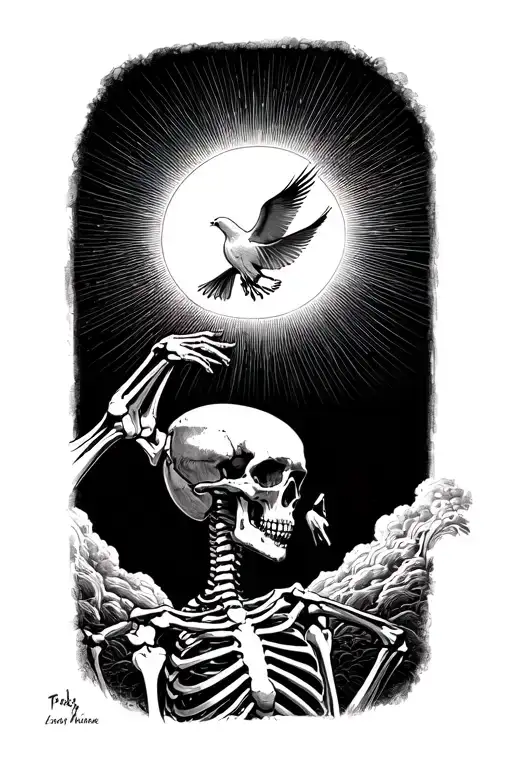 realistic standing skeleton reaching longingly for a flying dove in front of a sun tattoo design idea