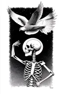 realistic standing skeleton reaching longingly for a flying dove in front of a sun tattoo design idea