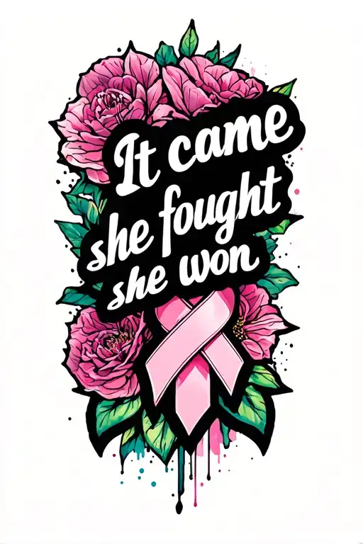 "It came she fought she won" breast cancer ribbon tattoo design idea