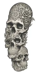 A macabre yet elegant tattoo of a skull adorned with intricate patterns and symbols, symbolizing the client's fascination with death and the afterlife tattoo design idea