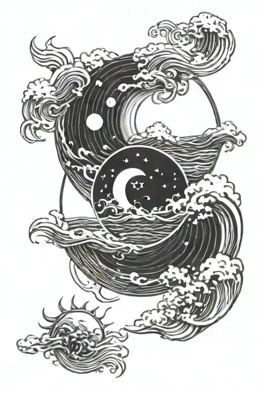 sun moon and waves crashing in a circle. "jeremian 31:35" in text underneath tattoo design idea