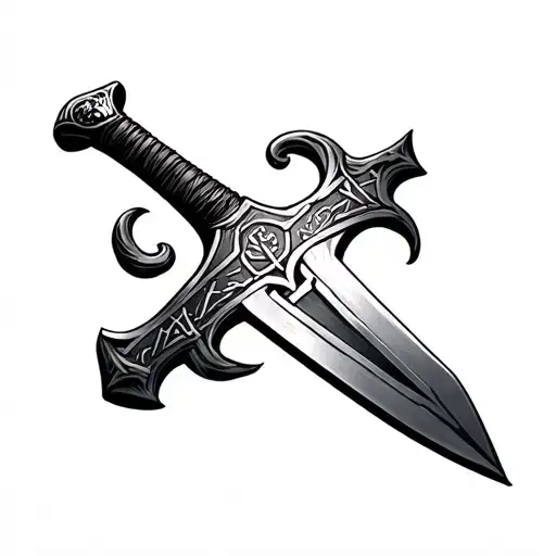 A tattoo of a battle-worn sword like Guts' from Berserk, with runes Tiwaz (ᛏ) and Othal (ᛟ) on the blade. The hilt featu tattoo design idea