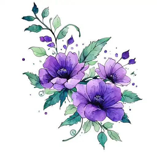 “A stylized, masculine purple flower tattoo inspired by Oliver Queen’s dragon tattoo. smaller flowers and viney tattoo design idea