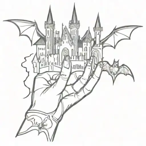 full hand sketch in neo-tribal style with elements of bats and Gothic castles tattoo design idea