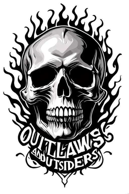 "OUTLAWS AND OUTSIDERS" Flaming skull face tattoo design idea