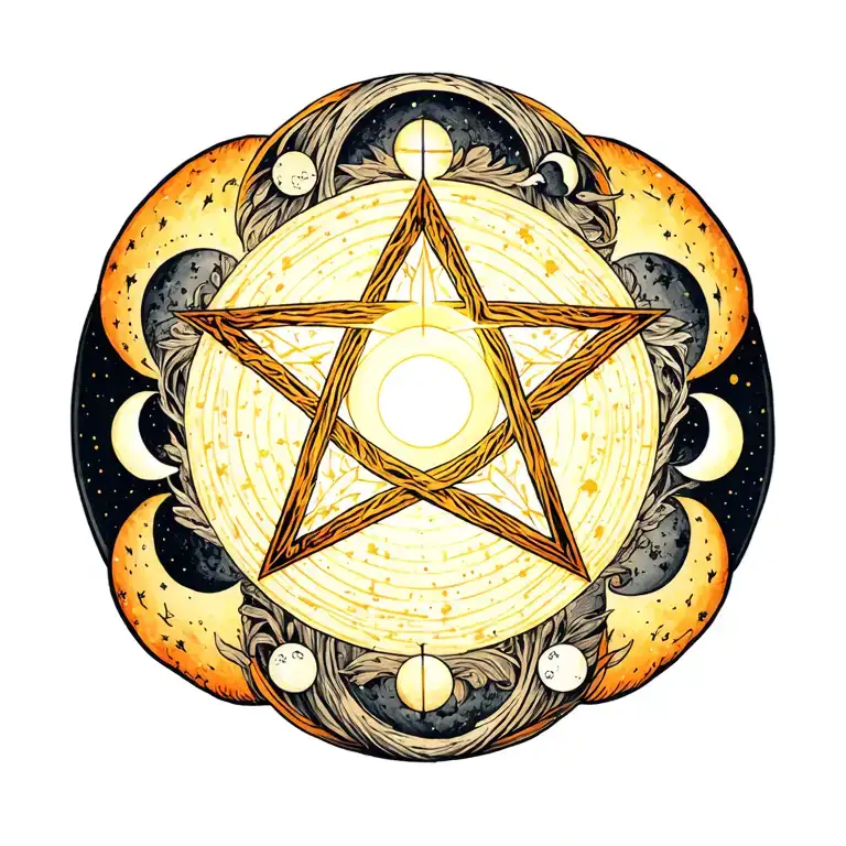 pentagram with moon cycles in a circle around it luminous points tattoo design idea