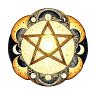 pentagram with moon cycles in a circle around it luminous points tattoo design idea