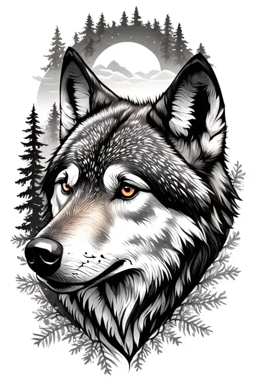 wolf face surrounded by forest scene tattoo design idea