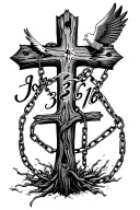 "John 3:16" western wood cross tattoo design featuring broken chains and a dove tattoo design idea