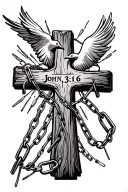 "John 3:16" western wood cross tattoo design featuring broken chains and a dove tattoo design idea
