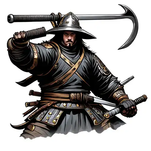 samurai with a halligan bar inspired by firefighting tattoo design idea