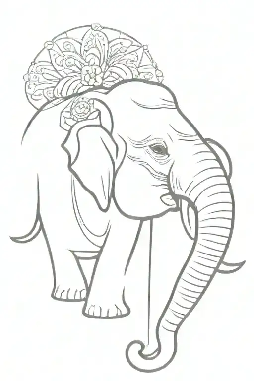 minimalist tattoo outline of an Asian elephant’s face adorned with ceremonial elements from the kandy perera and chola  tattoo design idea