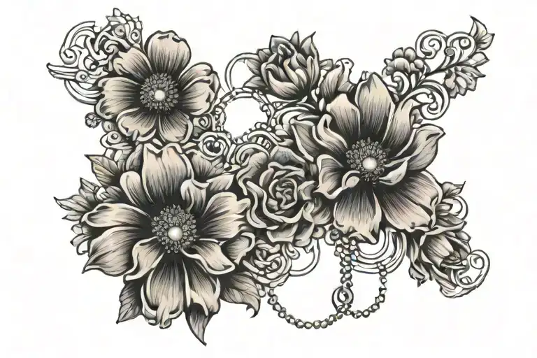 dainty charm bracelet style tattoo, including charm with letter 'F', cosmos, marigolds, band style tattoo design idea