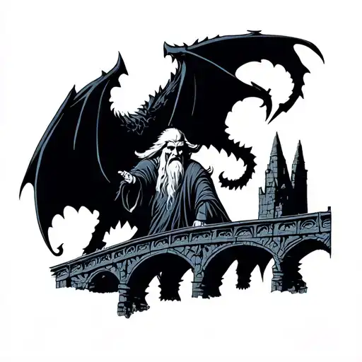 Lord of the rings sleeve featuring the balrog in moria on the bridge starting at the wrist with gandalf on the bridge tattoo design idea