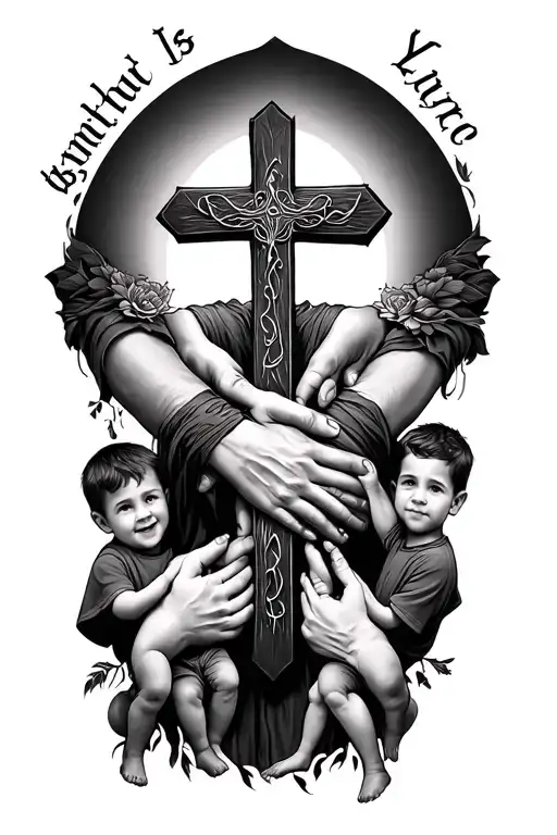 cross tattoo, family holding hands, 5 boys names incorporated tattoo design idea
