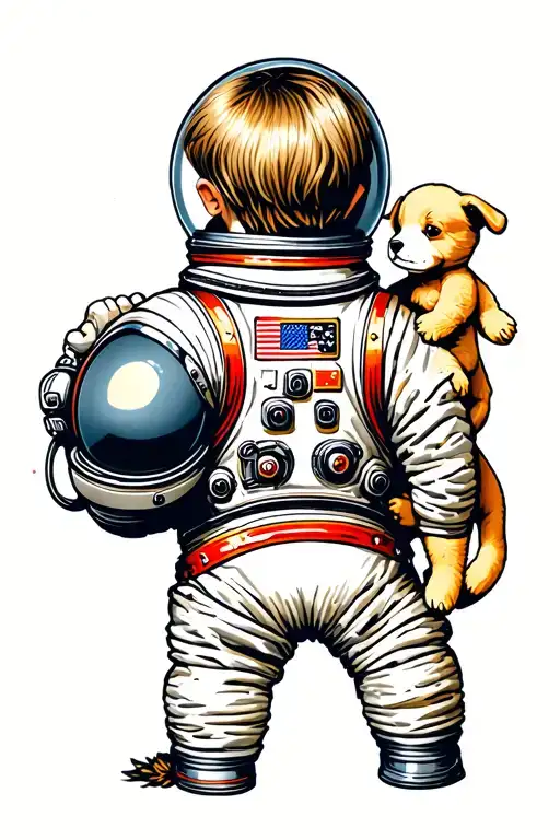back view of boy astronaut with dirty blonde hair holding helmet in one  hand and paw of stuffed puppy in another  tattoo design idea