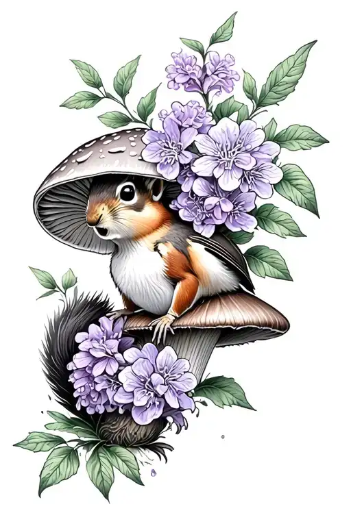 lilac flowers intertwined bird perched chipmunk mushroom tattoo design idea