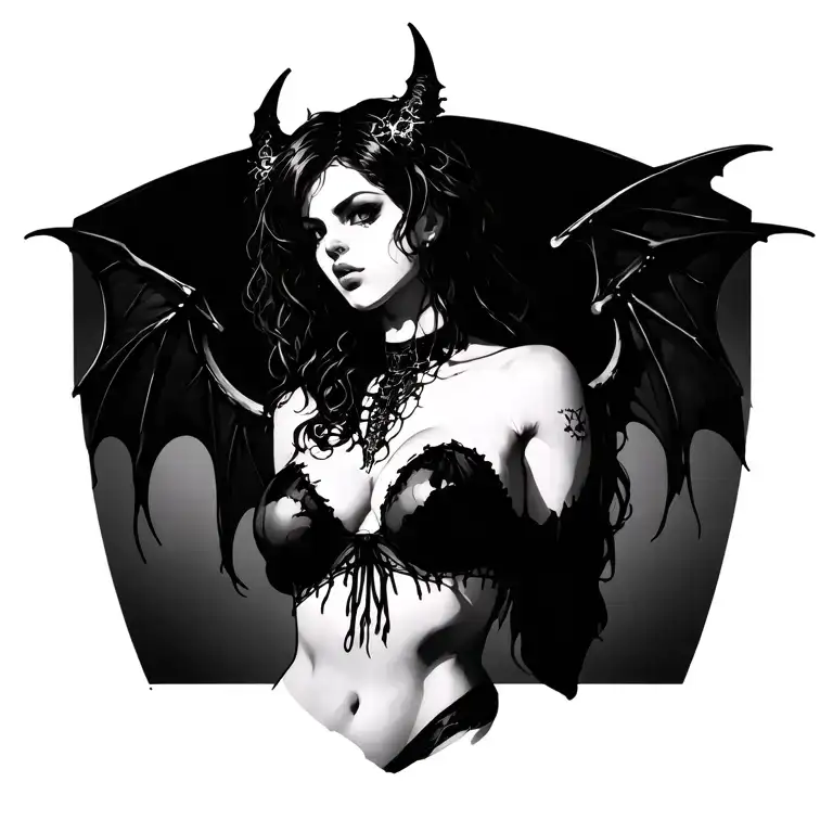 Gothic, Succubus, Big Boobs, G-String, Ripped Bra, G-String, Looking To Right, Sexual Pose tattoo design idea