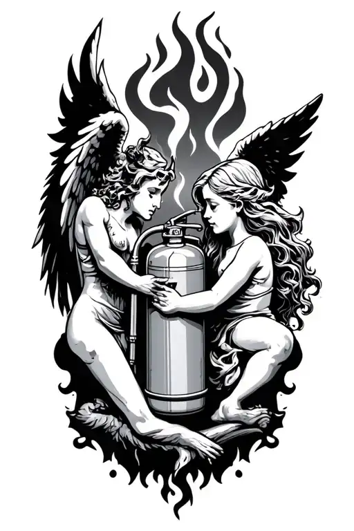 angel and fire extinguisher with devil and lighter tattoo design idea