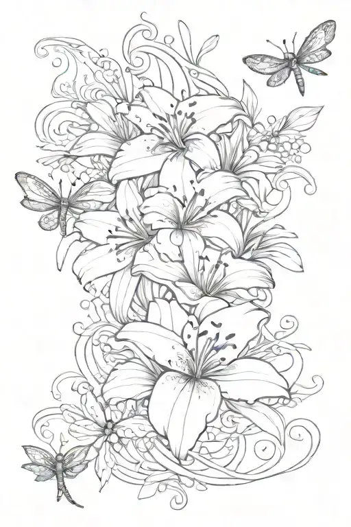 tiger lily whimsical with water wave and dragonfly  tattoo design idea