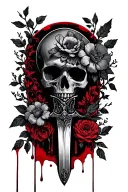 dagger, flowers over laping, skull and vines and blood tattoo design idea