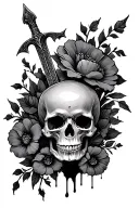 dagger, flowers over laping, skull and vines and blood tattoo design idea