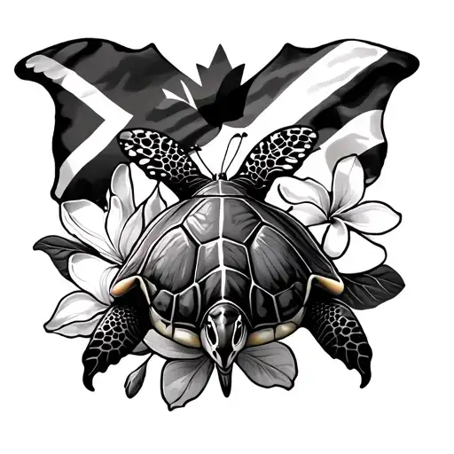 Sea turtle, cuban and canadian flags, plumeria turning to butterflies, cherry blossoms tattoo design idea