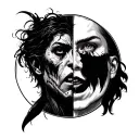 Tattoo sketch in circle: Inside 2 half faces in one face. One half face Old me is evil . The other half on right is good tattoo design idea