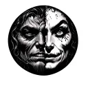 Tattoo sketch in circle: Inside 2 half faces in one face. One half face Old me is evil . The other half on right is good tattoo design idea