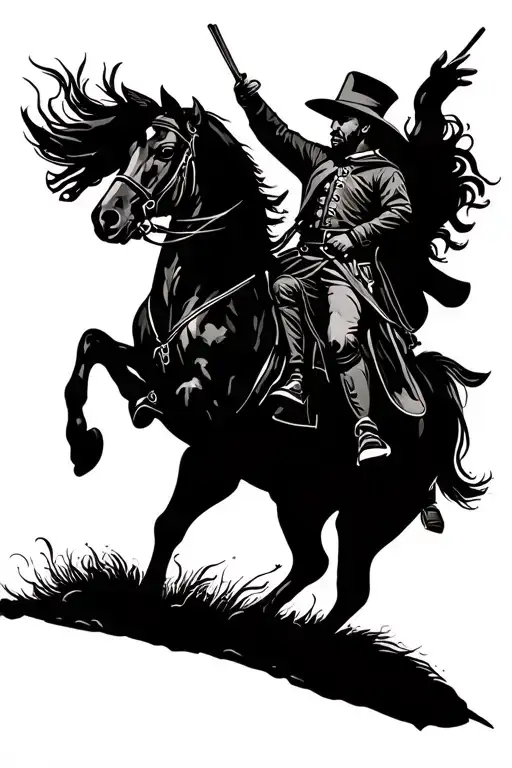 a rearing horse with a civil war soldier riding with one hand in the air tattoo design idea
