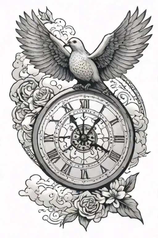 breaking clock face dove flying in clouds floating tattoo design idea