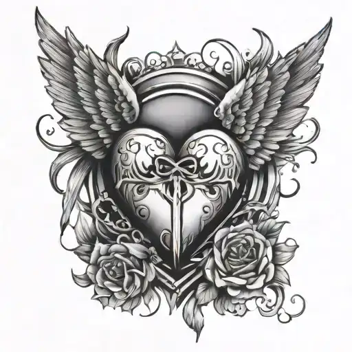 broken heart with wings and halo tattoo design idea