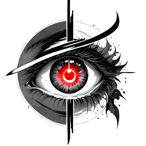 A mystical eye with a glowing red iris symbolizes awareness and the balance of light and shadow. Above, a split halo—one tattoo design idea