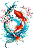 koi fish swimming upstream with cherry blossoms; slowly transforming into a beautiful dragon with Japanese clouds  tattoo design idea