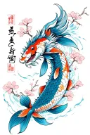 koi fish swimming upstream with cherry blossoms; slowly transforming into a beautiful dragon with Japanese clouds  tattoo design idea
