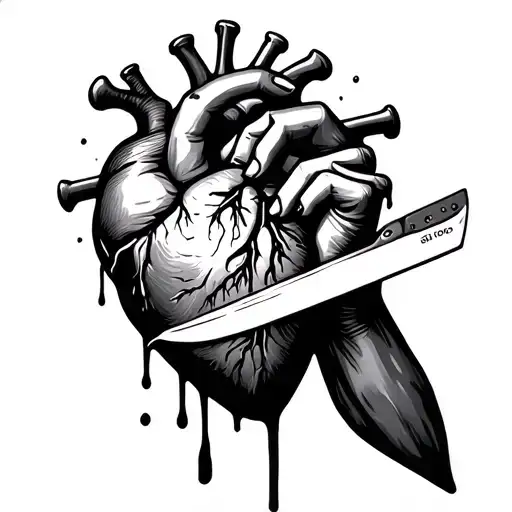Bleeding hand holding knife by the blade stoping it from stabbing a realistic heart tattoo design idea