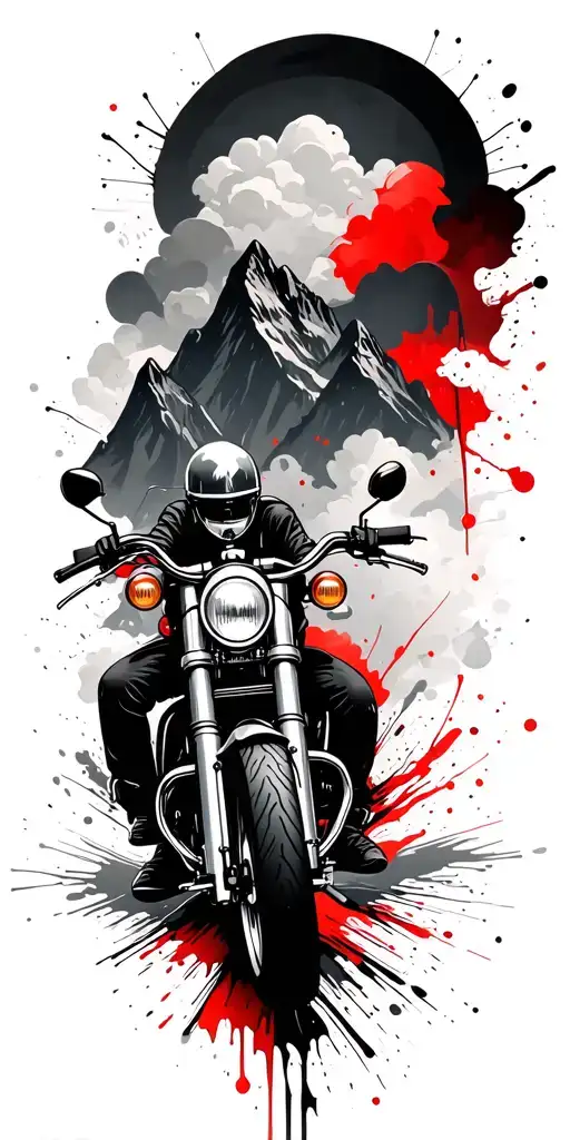 Mountains, a motorcycle, clouds, brush strokes, and paint splashes tattoo design idea