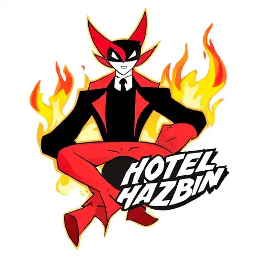 in the center is Alistair from the cartoon "hotel hazbin" with fire in the background tattoo design idea