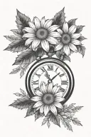 clock showing time 9:23 surrounded by a daisy and an evergreen tree tattoo design idea