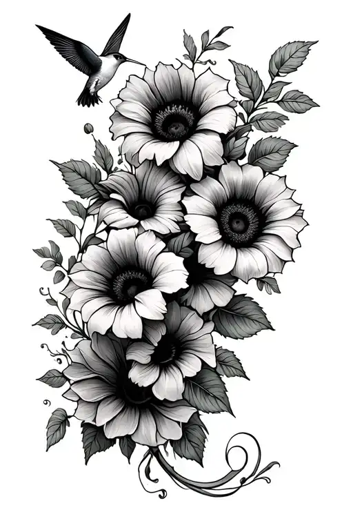 wrap around forearm sleeve with morning glory vines with sunflowers and a hummingbird thin and delicate tattoo tattoo design idea