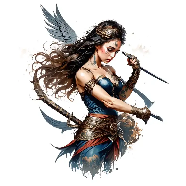 beautiful woman warrior battling tattoo design idea